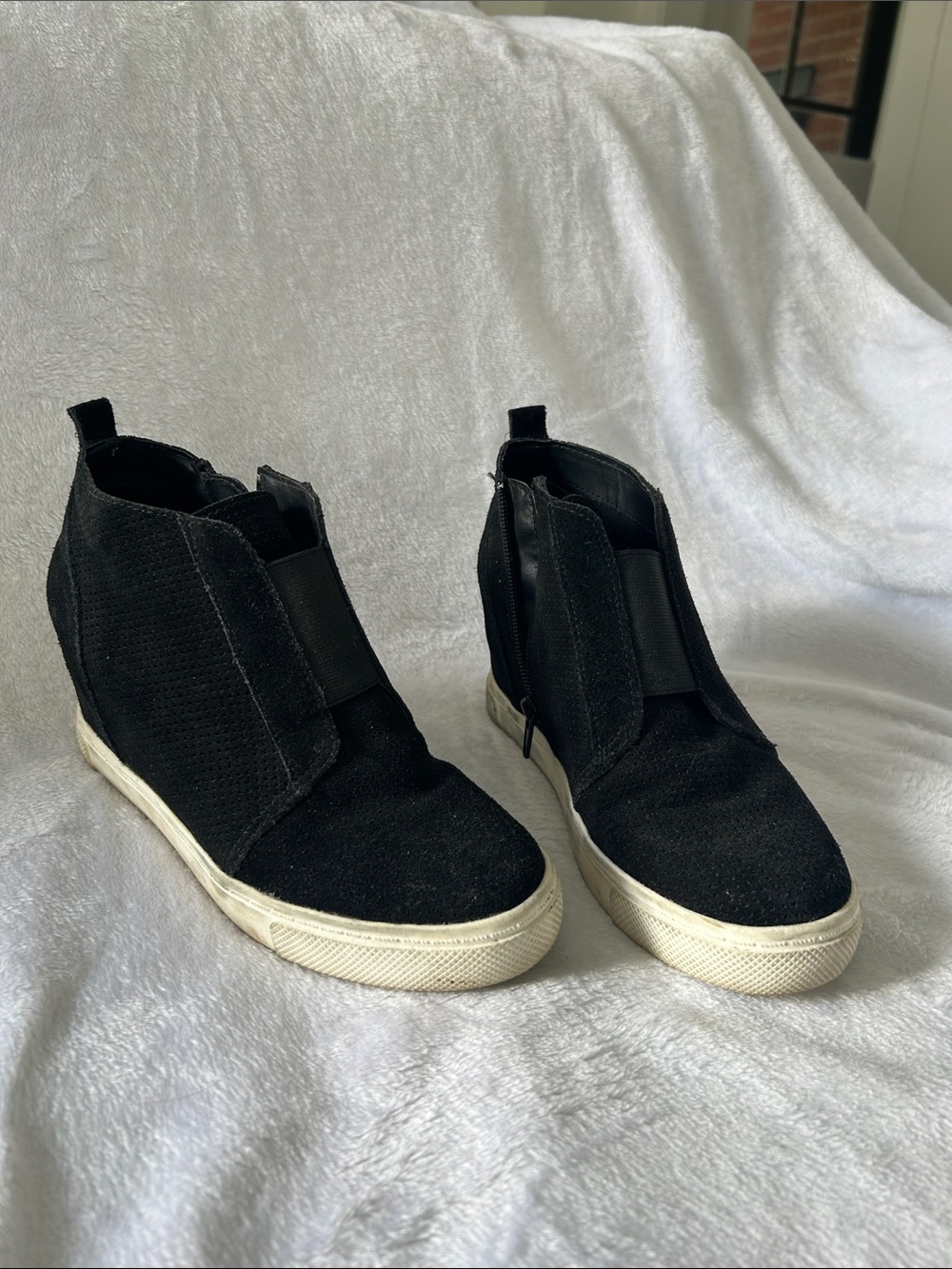 Steve Madden Black Wedge Slip-On Sneakers with White Soles